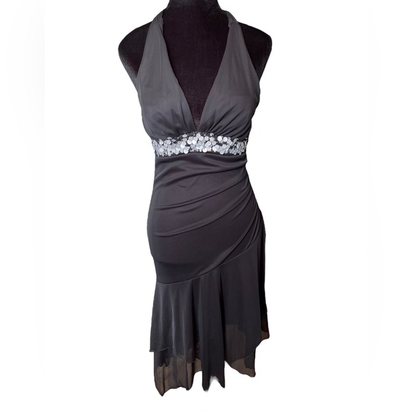 Venus Black Sequin Asymmetrical Mermaid Hem Formal Cocktail Halter Top Dress - Picture 1 of 8